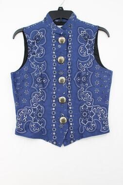 VTG Cactus Flower Womens Vest Small Blue Bandana Print Concho Buttons Western